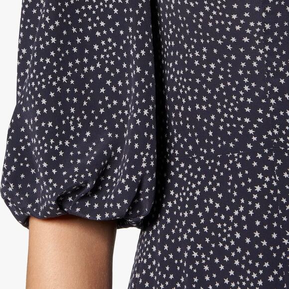 LK BENNET Tillila Silk Star Print Tea Dress Women 4 Navy Blue Beige Puff Sleeve - Picture 3 of 16